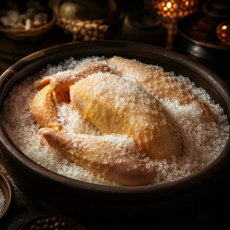Gà vùi trong muối hột và thảo mộc